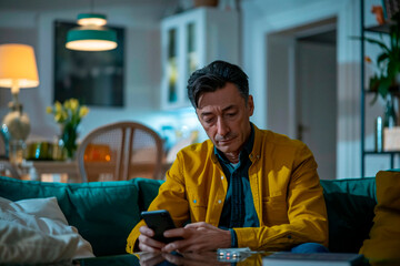 A melancholic middle-aged man checks his smartphone while sitting on a couch at night - Powered by Adobe
