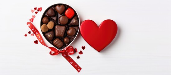 This is a copy space image featuring Valentine s Day symbols such as a big chocolate heart in a box and a red wooden heart placed on a white background in a flat lay arrangement