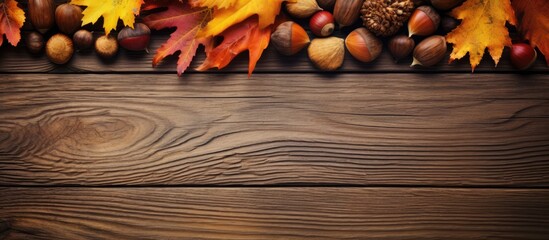 A textural old wooden surface adorned with autumn leaves and chestnuts creates a warm autumn background Ample copy space is available