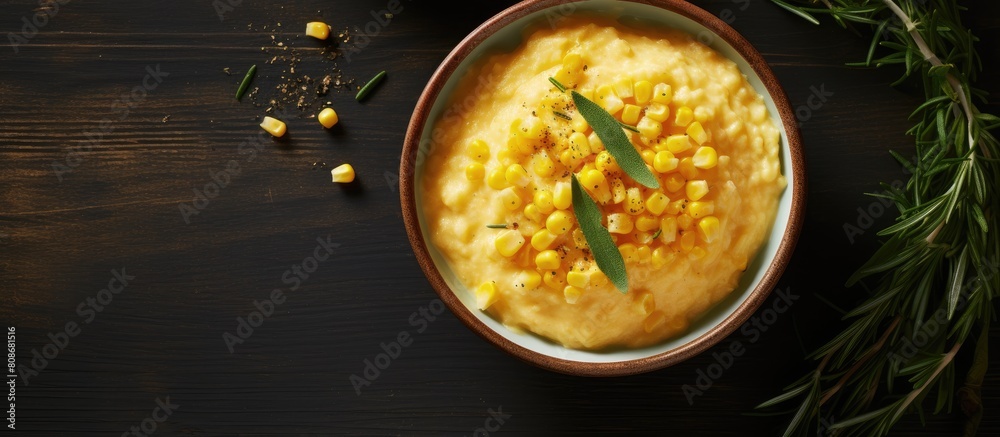 Poster Top view of a homemade slow cooker creamed corn in a bowl The image is captured from above in a flat lay style leaving copy space