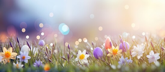 Easter themed greeting card with a spring background. Copy space image. Place for adding text and design