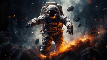 Astronaut in striking spacesuit approaching a black hole
