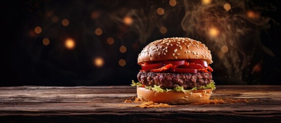 Copy space image of a hamburger served on a rustic wooden board against a backdrop of a black and red theme - Powered by Adobe
