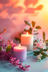 Two candles are lit on a table with flowers in the background. The candles are purple and white, and the flowers are pink. The scene creates a warm and inviting atmosphere
