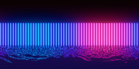 HDRI. Glowing neon lines. Full spherical panorama 360 degrees. Abstract vintage retro background, ultraviolet, spectrum vibrant colors, laser show. 3D render illustration.