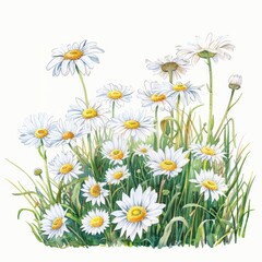  Watercolor painting of a cheerful patch of daisies dancing in a meadow, on isolated white background, Generative AI