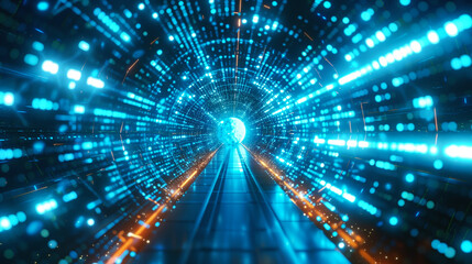 Fototapeta premium Futuristic visualization of a digital data tunnel in cyberspace, showing a journey through a cybernetic network.