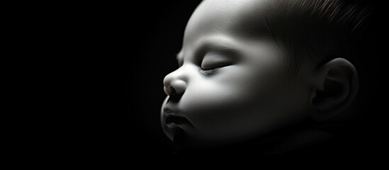 A newborn peacefully sleeps as natural light softly illuminates his face creating a serene black and white copy space image