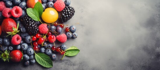 Copy space image of colorful fresh summer fruits and berries arranged on a textured concrete surface
