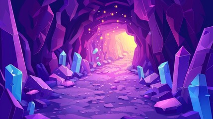 Inside view of an Amethyst mine tunnel. Mine quarry landscape with purple shiny crystal embedded in rocks. Cartoon game parallax background. Modern illustration in 2D.