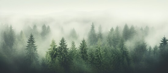 The misty morning in the forest creates a blurry background The mist fog adds a white foggy hue to the woods while the green trees stand out against it Ideal for a copy space image