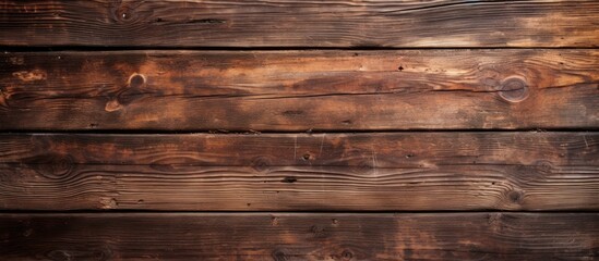 Top view of a background image showing dark brown wooden planks with scratches and stains from an old burnt table The texture of the wood is visible featuring pine and oak boards Ample copy space