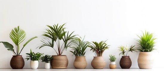 Tropical plants arranged in wicker pots complement the ambiance of a home creating a soothing...