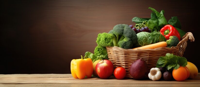 A healthy life concept is portrayed in this warm toned image of fresh vegetables fruits and lettuce arranged in a wicker basket on a kitchen table The background features a wooden lattice covered wit