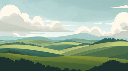 Rolling green hills under a cloudy sky in a tranquil landscape.
