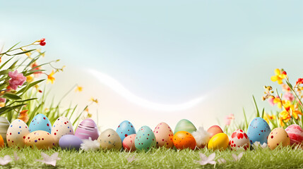 Colorful easter eggs on green grass