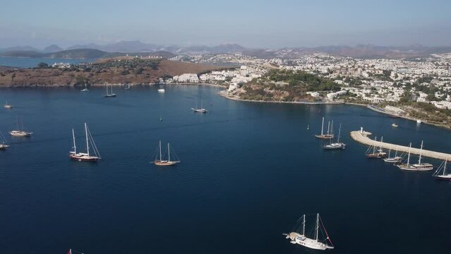 Awesome aerial view of Bodrum Harbor and Bodrum Marina, Turkey