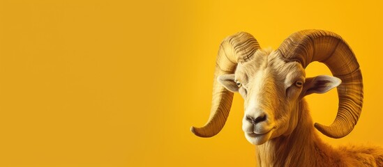 Domestic animal concept macro detail of the head of a ram with a yellowish background Copy space image