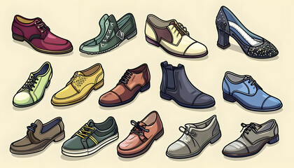Clipart of a variety of footwear styles from classic to contemporary each clearly showcasing its un Generative AI