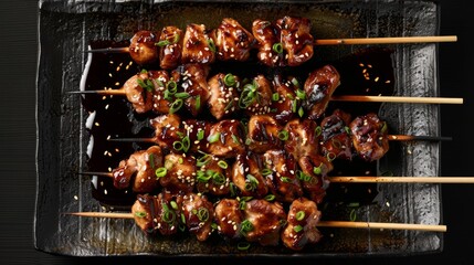 Skewers of grilled chicken marinated in a savory sauce, displayed with a sizzling effec
