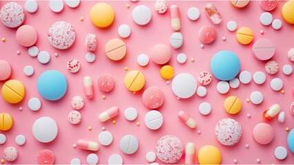 Colorful pills and tablets background, full of different colors and shapes in the style of various artists top down view, flat lay, minimalist, with high resolution photography, copy space for text 