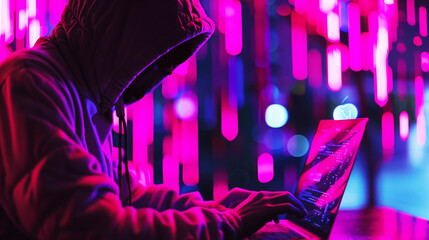 Hooded figure uses laptop in neon-lit environment, suggesting cybercrime or hacking activity.