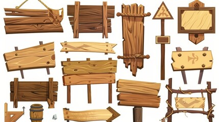Billboards made of wood, street signs, wood boards, blank panels, ropes and nails, road direction arrow, bar and saloon ui elements, cartoon set of moderns.