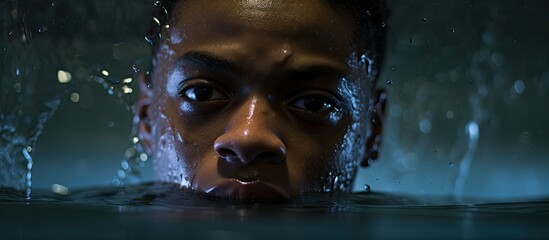 An African American teenage boy in a pool with rain falling captured in a portrait that showcases his expressions while swimming copy space image - Powered by Adobe