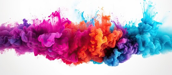 Fototapeta premium Multicolored powder cloud with an abstract design against a white background provides ample copy space for images
