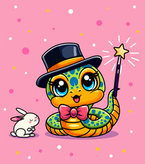 A cute cartoon snake with a hat and a magic wand, and a small rabbit on a pink dotted background. Vector illustration
