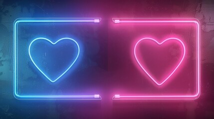 Neon light frames in blue and pink, empty banners in rectangles and hearts. Glowing borders for nightclub or casino electric signboards isolated on transparent background, modern realistic set.