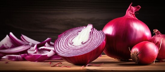 A raw red onion partially sliced accompanied by a generous heap of chopped onion rests atop a wooden chopping board softly illuminated with ample space for text or images