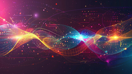 Obraz premium Vibrant digital artwork featuring dynamic waves intertwined with glowing particles and grid lines.