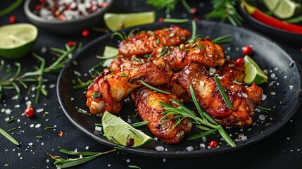Fototapeta premium Succulent chicken wings with tangy lime, fragrant rosemary and caramelized onions, served on a sleek black dish against a dark backdrop.