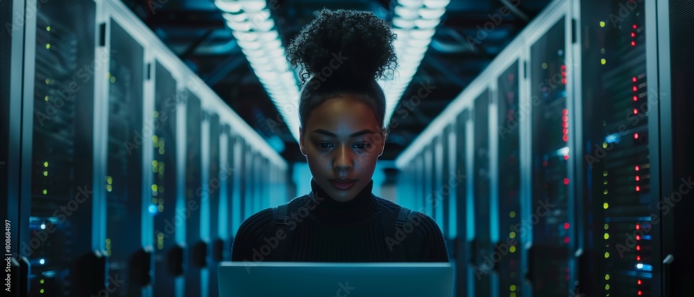 Poster data center engineer using laptop computer. multiethnic female system administrator working with dat