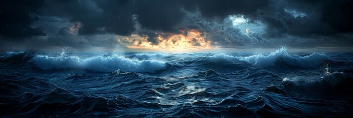Fototapeta premium A dark ocean at night with storm clouds , dark sea 