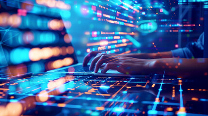 Hands typing on a laptop with dynamic digital network graphics and glowing data streams.