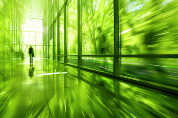 Person, employee work fast in dynamic office green environment, sustainability and nature.