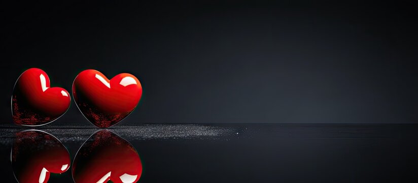 Valentine s Day themed image with two red hearts reflecting on a black background offering ample space for text or design elements