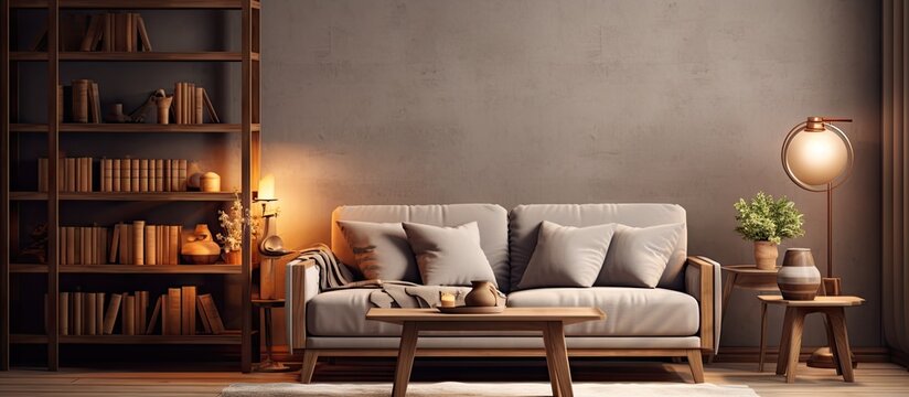 There is a cozy sofa situated in the living room with enough space to accommodate people and a table next to it providing a great environment for relaxation. Copy space image