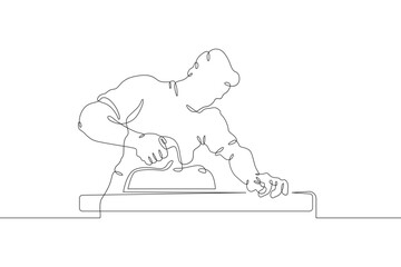 A joiner at work. A carpenter works with a tool on wood. Woodworking. Wood carver. One continuous line. Line art. Minimum one line. White background. One line drawing.