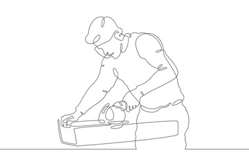 A joiner at work. A carpenter works with a tool on wood. Woodworking. Wood carver. One continuous line. Line art. Minimum one line. White background. One line drawing.