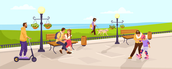 People engaged in various activities at a park, vector illustration on a sunny outdoor background, concept of leisure and recreation. Vector illustration