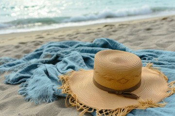Tropical Beach hat sand. Sea vacation holiday. Generate Ai