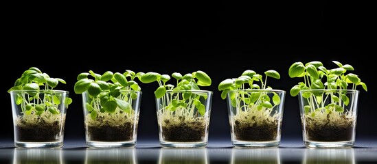 Cultivated basil sprouts and seeds displayed in cups on a bright background creating a visually appealing copy space image - Powered by Adobe