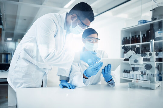 People, mask or scientists on tablet in lab for medical innovation, life expectancy or antiaging medicine. Teamwork, stem cell or biologists with chemistry research, results or science information