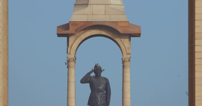 Delhi, India. Birds flying around of Statue of Subhas Chandra Bose. Netaji's Statue, is a monolithic statue made of black granite, dedicated to Netaji Subhas Chandra Bose, Indian freedom fighter and