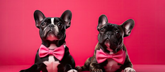 Two French Bulldogs adorned in red collars and bowties panting gaily while sticking out their tongues against a vibrant pink backdrop plenty of copy space image