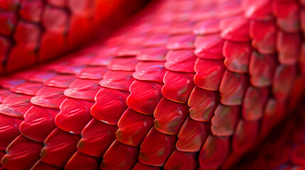 Close-up of red snake scales, detailed texture in natural light.
