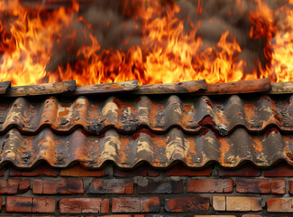 House roof tiles on fire, dramatic scene of a building engulfed in flames. Concept of house insurance.